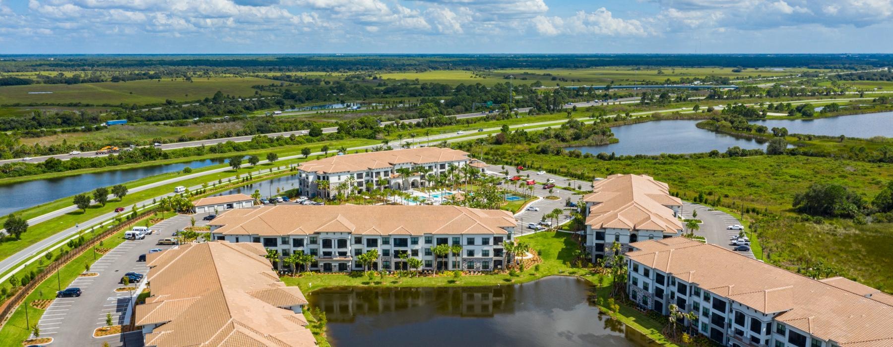 a high angle view of buildings and a river