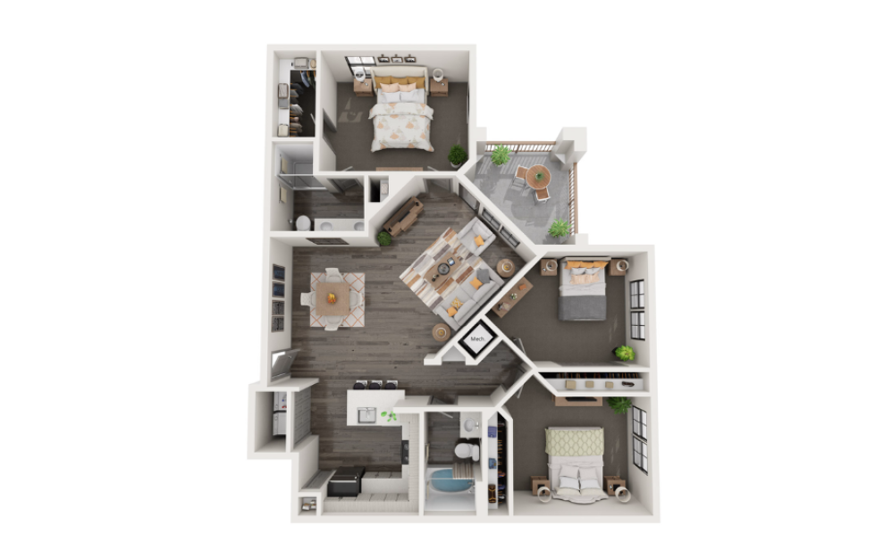 C2 - 3 bedroom floorplan layout with 2 bathrooms and 1315 square feet