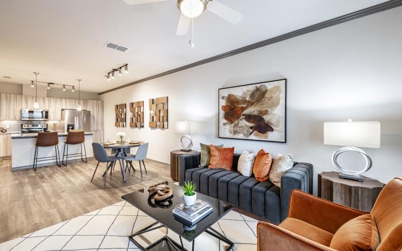 a living room with a couch and a table